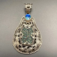 Vintage Sarda Druzy Quartz Blue Stone Sterling Silver Pendant