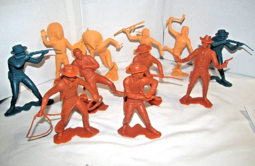 Vintage 1964 Louis Marx & Co. Cowboys & Indians 6" Plastic Figures Toys - 11 Pcs