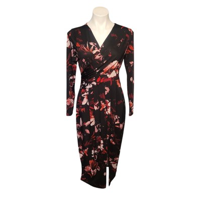 Venus Black Floral Dress V Neck Size Small Form Fitting & Flattering 