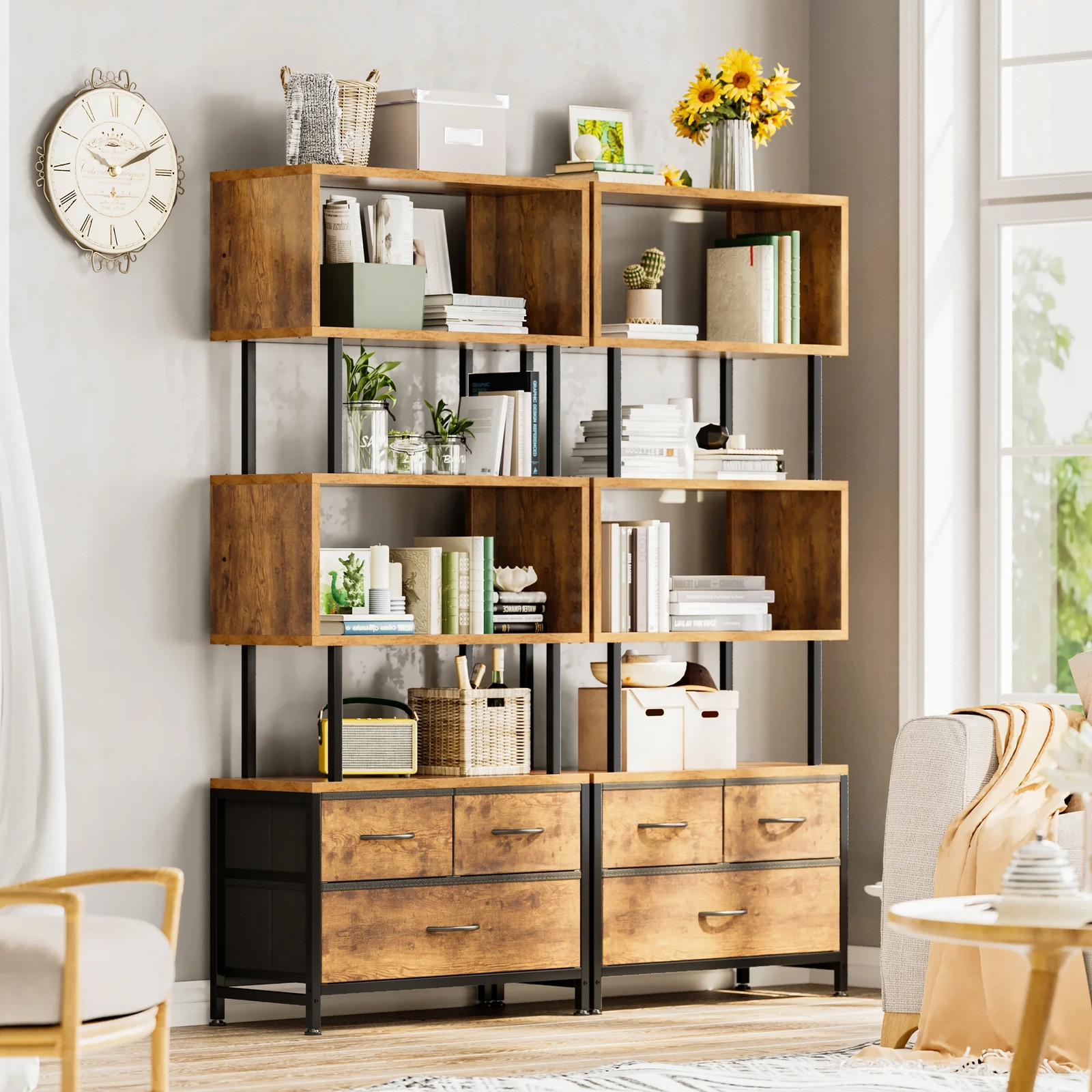 📚 5-Tier Bookshelf with 3 Drawers – Industrial Wood & Metal Storage Shelf