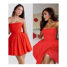 House of CB Emmanuela Italian Tomato Strapless Pleated Mini Dress XS TALL