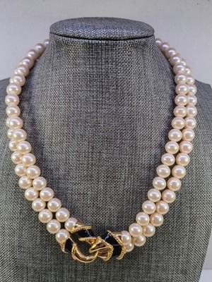 Vintage Richelieu Double Strand Faux Pearl Necklace Black Enamel Gold Tone