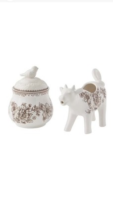 Pioneer Woman Agatha Stoneware Sugar Bowl & Creamer Brown Floral Cow Bird (CR)