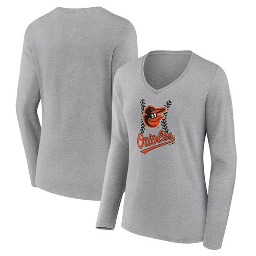 Camiseta para mujer gris Baltimore Orioles Fastball manga larga cuello en V