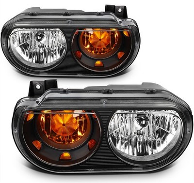Pair Set Headlights Assembly For 2008-2014 Dodge Challenger Black w/Amber