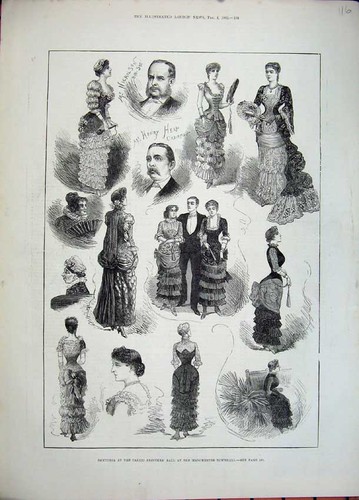 Original Old Antique Print 1882 Calico Ers Ball Manchester Townhall Men Lady
