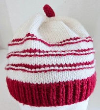 Vintage Hand Knit Stocking Cap /Hat  Red Stripe on Off White  EUC