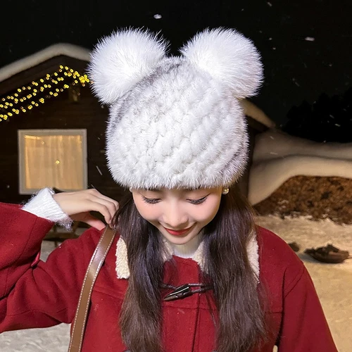 Damen Echt Nerz Pelzmütze Beanie Winter warm Strick Outdoor Mütze mit Fuchspelz Ball - Bild 10 von 24