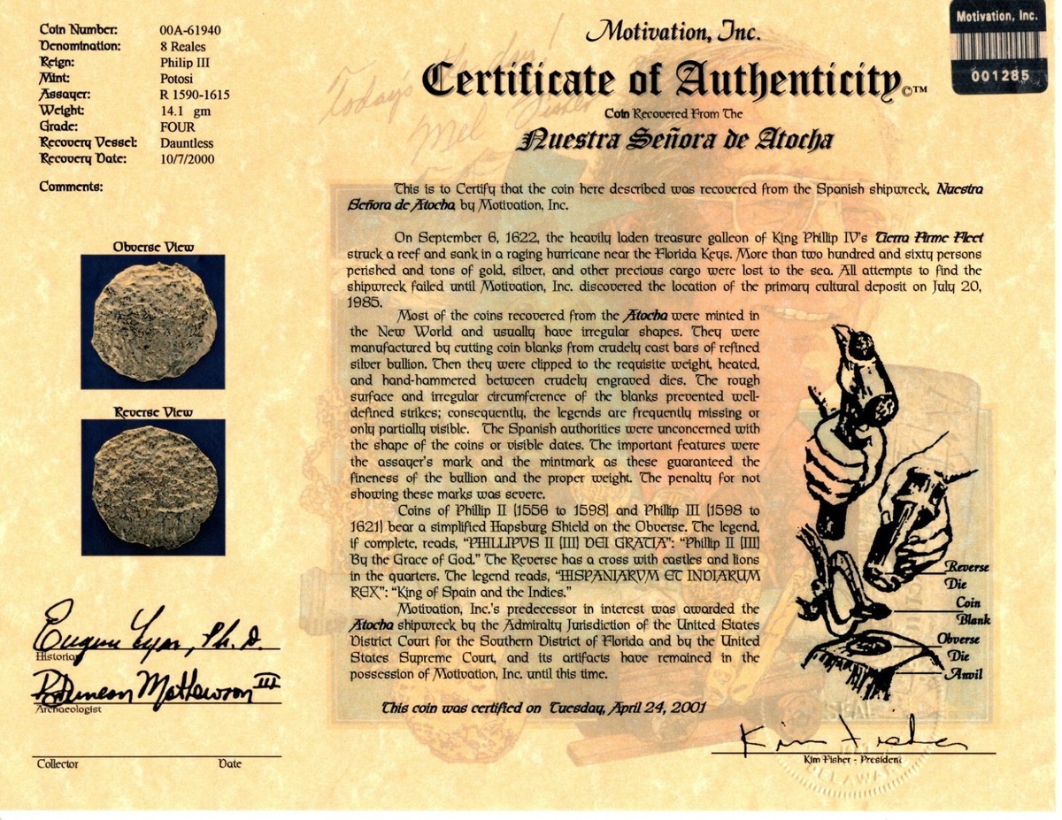 ATOCHA Shipwreck 8 Reale Grade 4, 14K Bezel with Kim Fisher