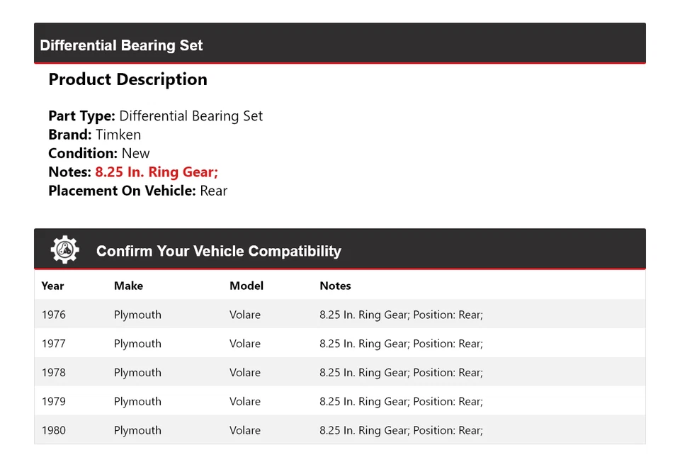 For 1976-1980 Plymouth Volare Differential Bearing Set Rear Timken 1977 1978 - Image 2 of 4