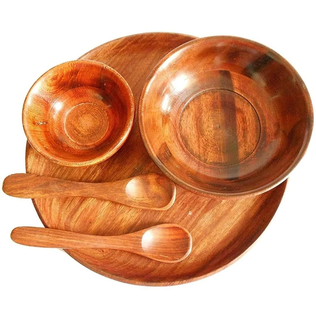 Wooden Serving Two Bowl with one Wooden Plate and 2 Spoons (Pack of 5)