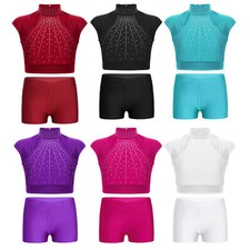 Girls Tracksuit Tank Activewear Shiny Outfits Sparkle Top And Shorts Kids Gym