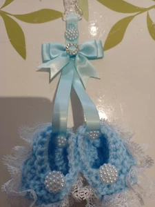 Pram charms**new** blue booties hand knitted with white lace n beads diamonti ri