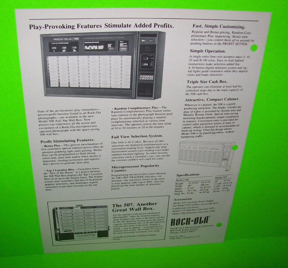 508 WALL BOX By ROCK OLA 1980 ORIGINAL JUKEBOX MUSIC PHONOGRAPH SALES FLYER   - Image 2 of 2