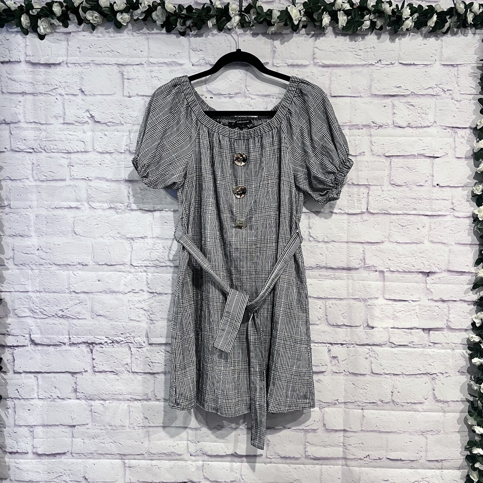 Zara Basic Size Small Plaid Off The Shoulder Puff… - image 1