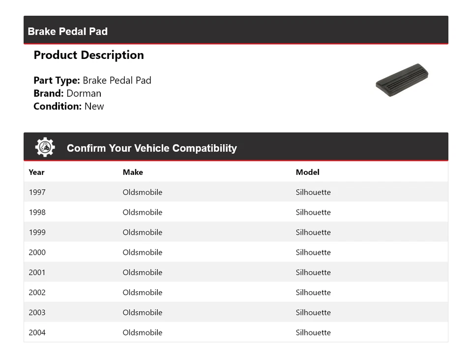 Pastilla de pedal de freno Oldsmobile Silhouette Dorman 1997-2004 1998 1999 2000 2001 Foto 2 de 4