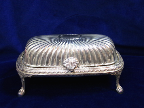 Vintage Silver Plate Roll Top Footed Butter Dish Very Elegant Unmarked