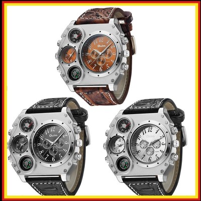 OULM Vintage Watch Dual Time Display Alloy Men for Gift with Thermometer Compass