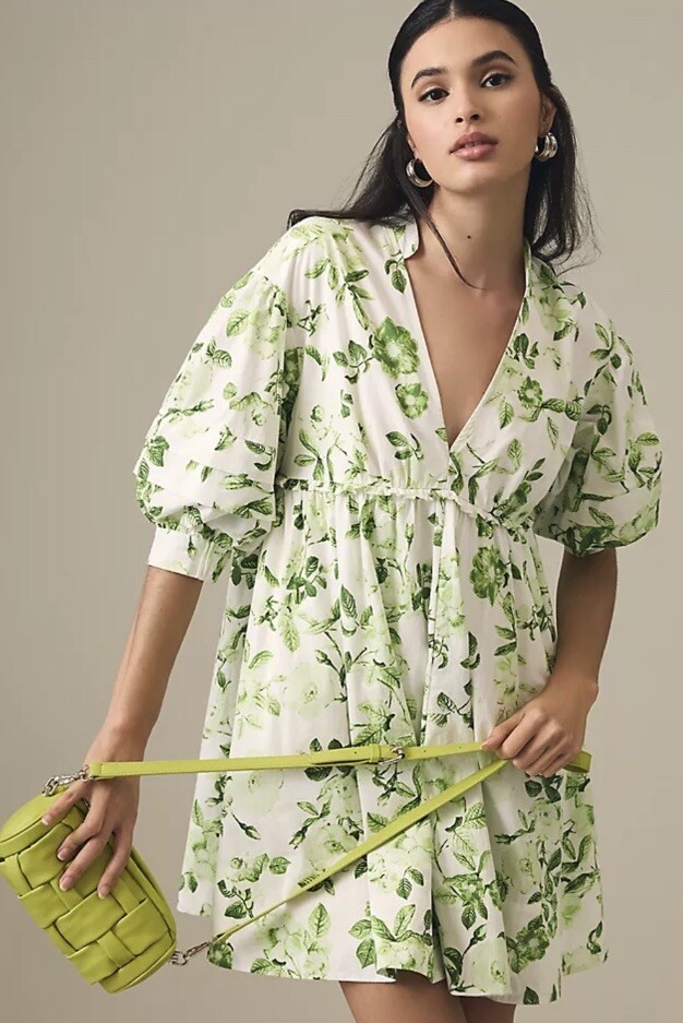 Anthropologie Maeve V-Neck Baby Doll Green White Puff Sleeve Mini Dress Small