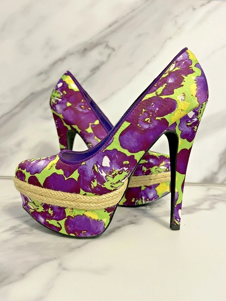 Qupid Women's Purple & Green Floral Almond Toe Stiletto Platform Pump Shoes 6.5 - Image 4 of 4