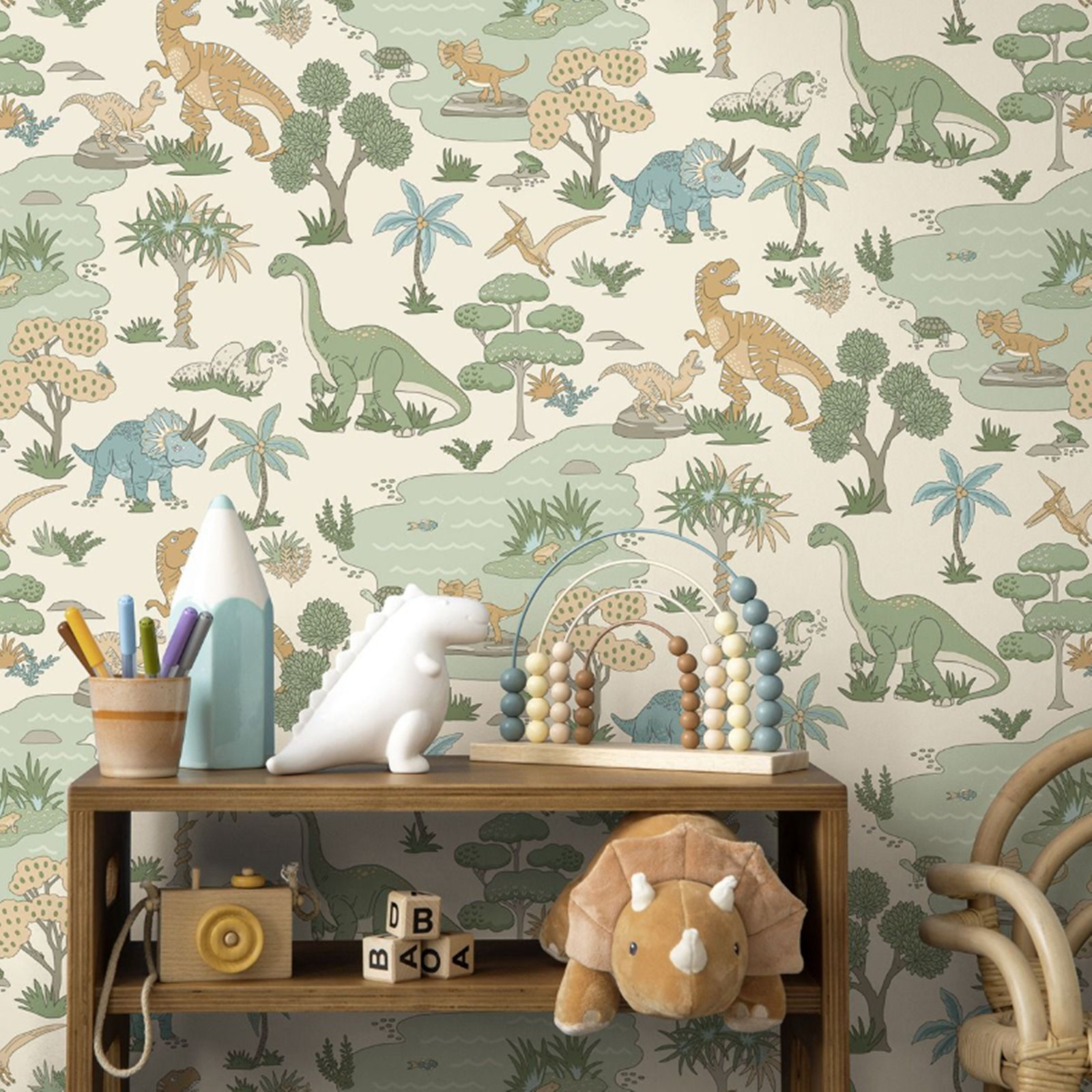 Kids Cream Dino Wallpaper Multi Dinosaurs Snakes Frogs Feature Bedroom Playroom