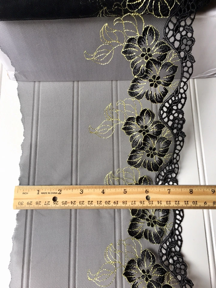 Черно-желтая вышитая кружевная отделка с черным тюлем/шитьем/рукоделием/ширина 7,5 дюйма - Изображение 3 из 4