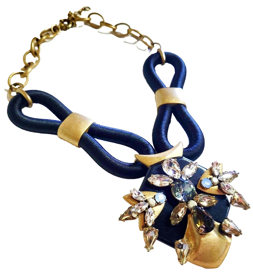 J.Crew Corded Medallion Statement Necklace Black Multi Light Gold Ox Brass B1692 - Image 4 of 4