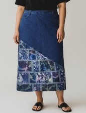 Vintage 90s Maxi Denim Jean Skirt Boho Tie Dye Patchwork Festival Hippie Size 18