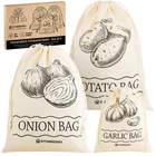 POTATO ONION & GARLIC VEG STORAGE BAGS SET OF 3 KEEP FRESH ECO FRIENDLY COTTON