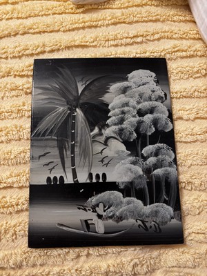 VTG Haitian Street Art Acrylic On Press Board Black And White Signed J.B