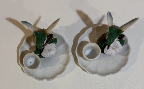 Vintage Bisque Porcelain Hummingbird Candle Holder Pair Hand Painted 3” X 3-5/8 - Picture 6 of 6