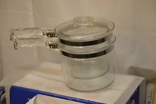 VINTAGE CLEAR GLASS PYREX DOUBLE BOILER WITH LID #6283U 1 1/2 QT NO CHIPS