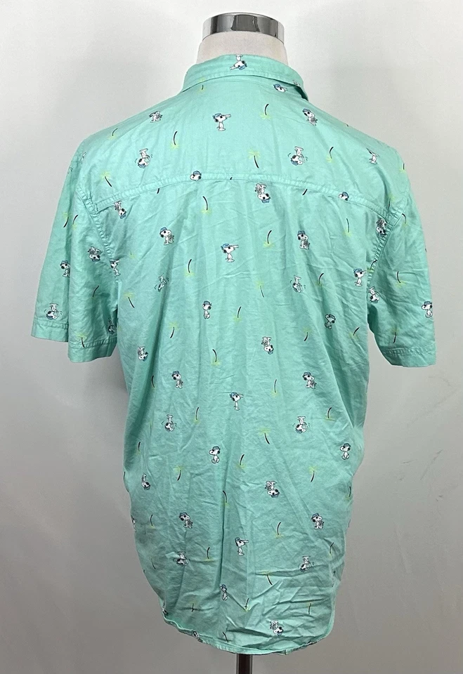 Peanuts XL Hawaiian Shirt Snoopy Pirate Floral Palm Trees Green Cotton Blend - Image 4 of 4