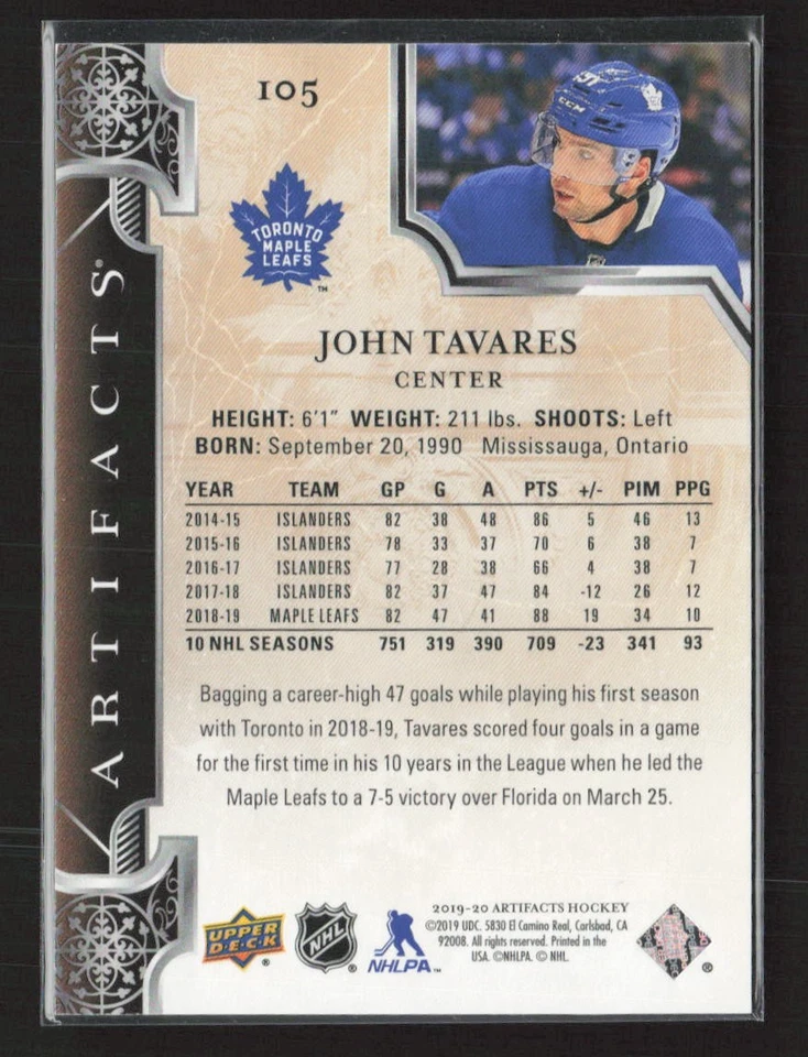 2019-20 Upper Deck Artifacts #105 John Tavares #/699 Toronto Maple Leafs (L) - Image 2 of 2