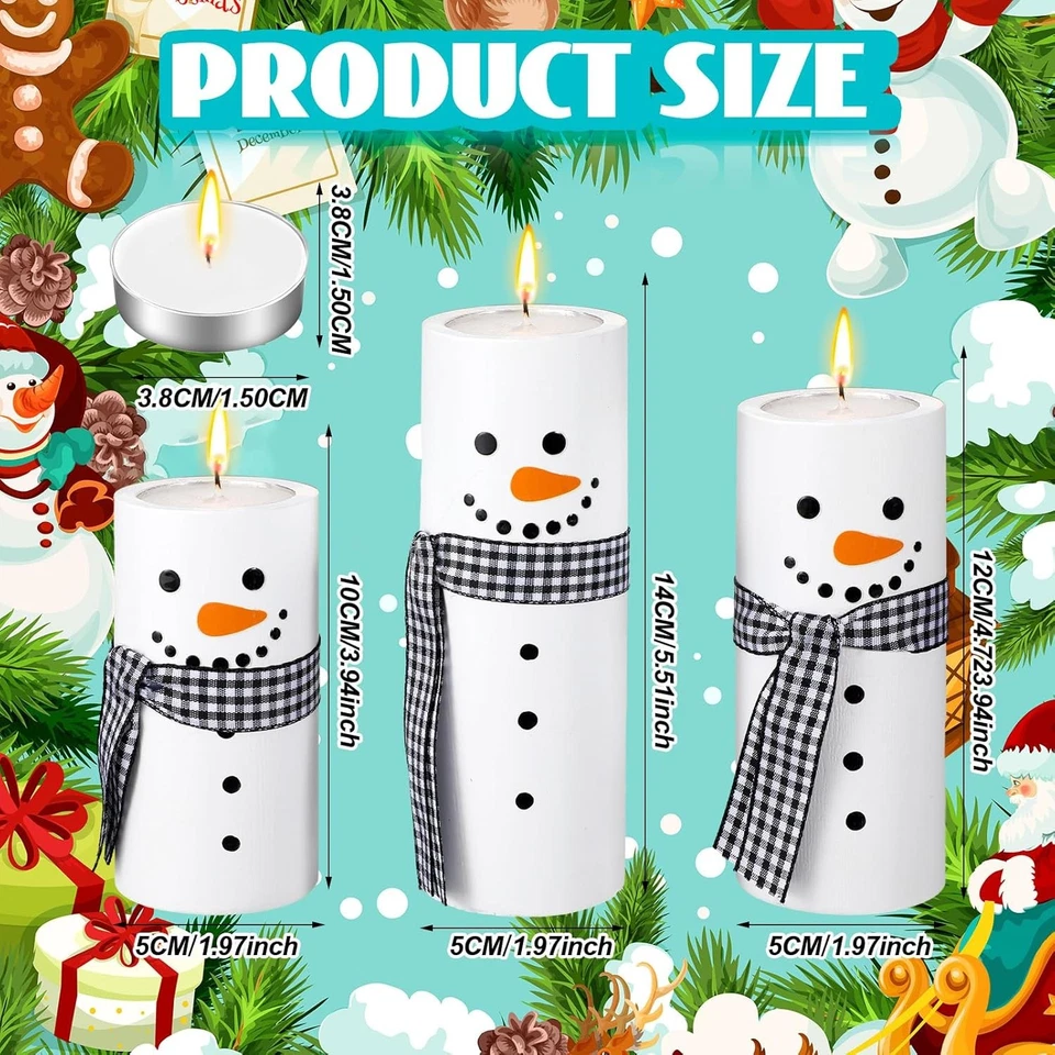 MTLEE 3 Pcs Snowman Wood Candle Holder Winter Tea Lights Candles Cute Style - Image 4 of 4