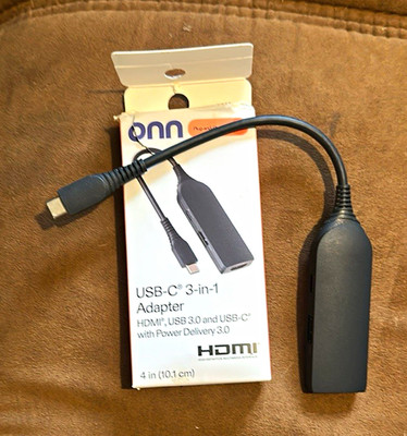 onn. USB-C 3-in-1 Adapter w/ HDMI, USB 3.0, USB-C Port Portable Black