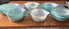Set if 7 Vintage Pyrex Amish Butterprint Cinderella Mixing Bowls Turquoise White