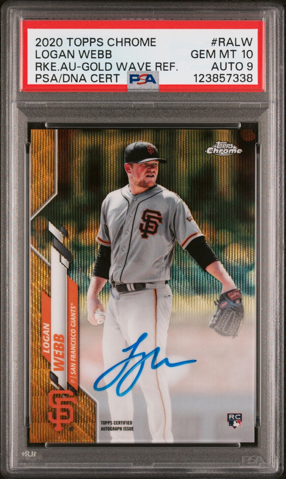 2020 TOPPS CHROME RC AUTOS GOLD WAVE REFRACTOR LOGAN WEBB 31/50 PSA 10 AUTO 9