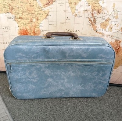 Bantam Small Suitcase Vintage Day Bag Retro Blue Vinyl Zip Up 1970s Decor Prop