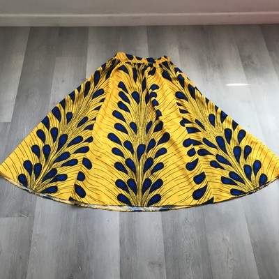 ESY Studio Ankara Skirt Womens 1X Yellow Blue Abstract A Line Maxi Wide Obi Belt