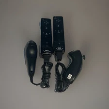 (2) Official Nintendo Wii Motion Plus Black Remote Controllers w/ OEM Nunchucks