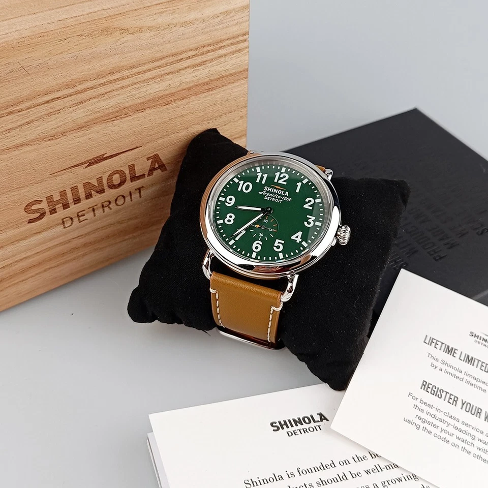 Men's Shinola Runwell 47mm Green Dial Brown Leather Strap Quartz Watch - Image 2 of 4