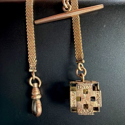 Vtg 4.44g 9K ROSE GOLD FILL DFB POCKET WATCH 5  MESH CHAIN T-BAR 9K GF BOX FOB
