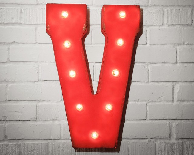 Letter V SOLAR POWERED LED Sign Rustic Vintage Metal Alphabet Marquee