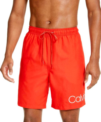 Calvin Klein Men's Logo 7'' Volley Swim Trunks 50+ SPF Quick Dry, Orange, S