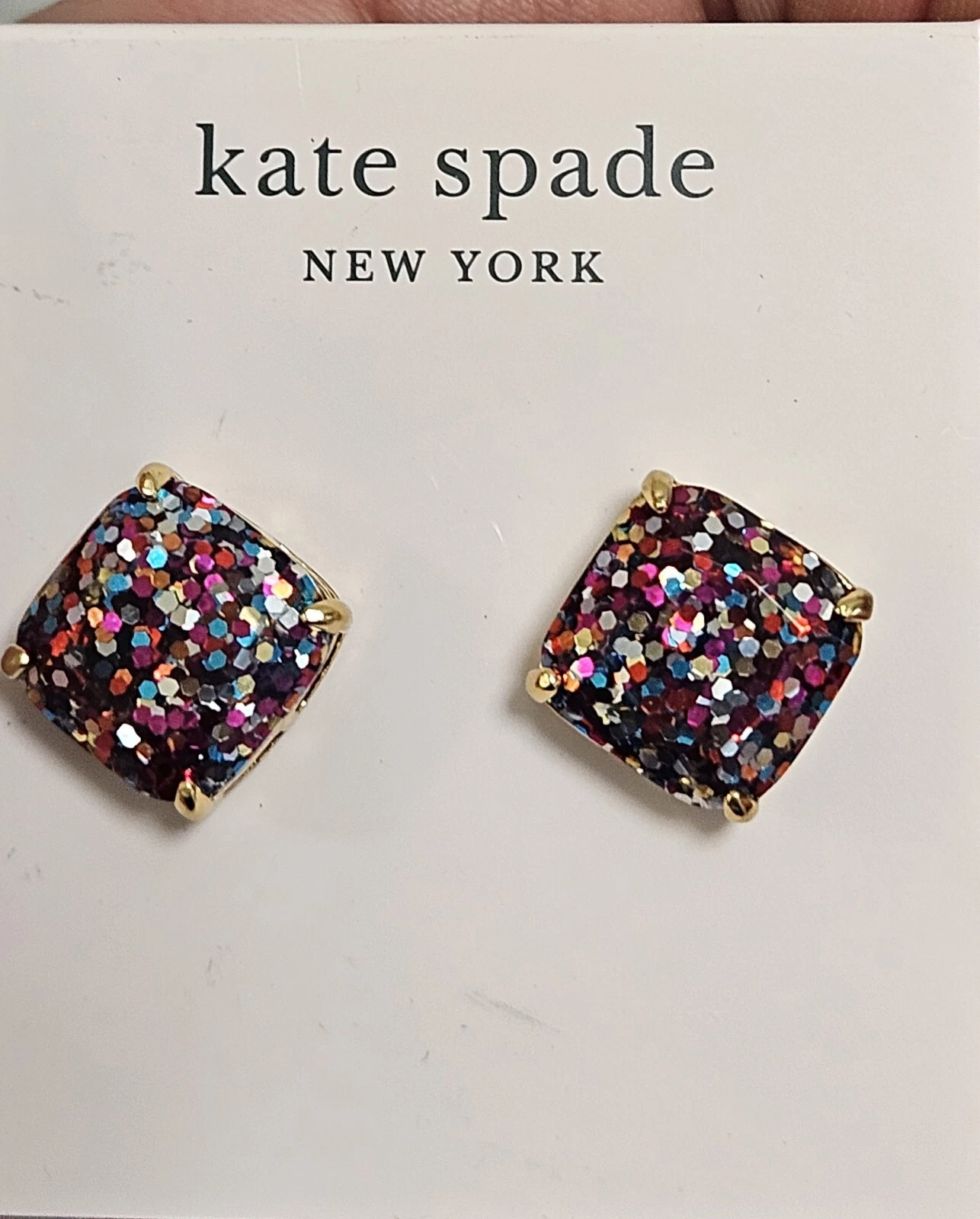 Orecchini Kate Spade quadrati glitter borchie tono oro nuovi con etichette
