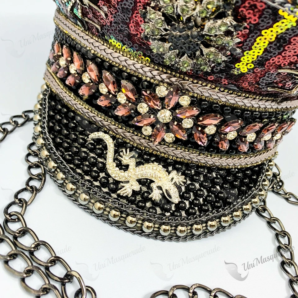 Steampunk Burning Man Capitán Negro Borgoña Leopardo Lentejuelas Sombrero Araña Joyería Foto 2 de 4