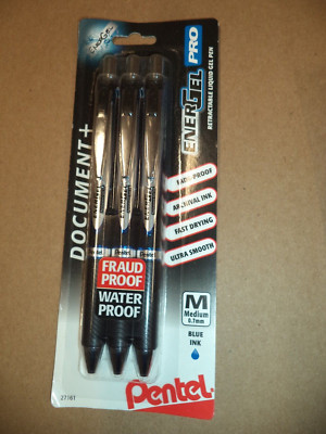 3 PENTEL DOCUMENT PRO FRAUD WATER PROOF ENERGEL BLUE PENS 0.7 mm LOOSE / HANGER