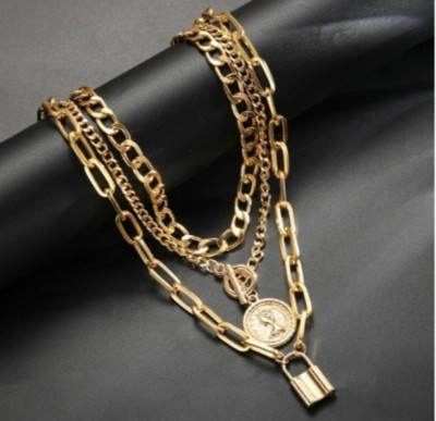 Zara 18k vergoldet Grobe Halskette 4 Schichten Knebel Münzschloss Detail Neu Sale