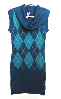 Argyle Sweater Dress Cowl Neck Blue Green Womens Medium Sleeveless Mixed Blues Argyle Sweater Dress Cowl Neck Blue Green Womens Medium Sleeveless Mixed Blues